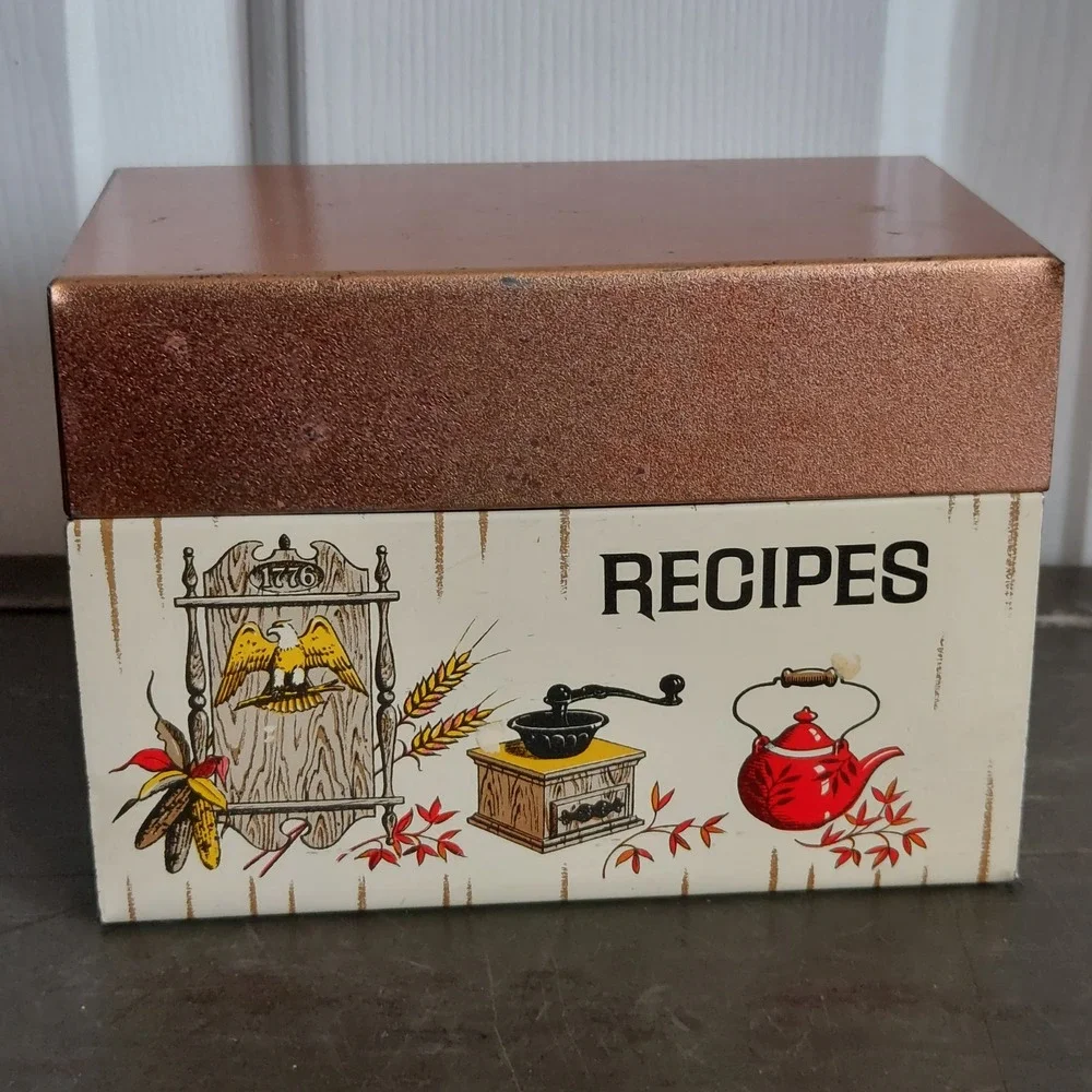 Vintage J Chein Co Metal Recipe Box Americana Eagle Kettle 1776 Made in USA - Picture 7 of 8